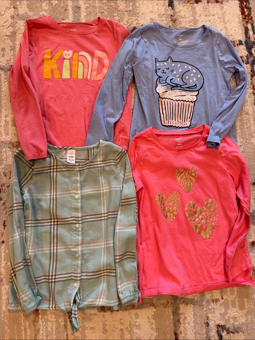 Carter's Girls Long Sleeve Tees & Plaid Top - Pink, Blue, Green